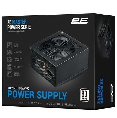 Блок живлення 2E Master Power (650W), >80%, 80+ White, 120мм, 1xMB 24pin(20+4), 1xCPU 8pin(4+4), 3xMolex, 5xSATA, 2xPCIe 8pin(6+2) (2E-MP650-120APFC) [109513]