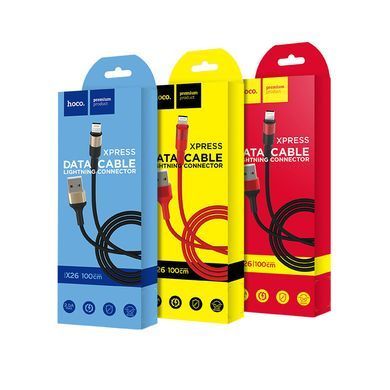 Кабель HOCO X26 USB to iP 2A, 18W 1m, nylon, aluminum connectors, Black+Red (6957531080190) [802333]