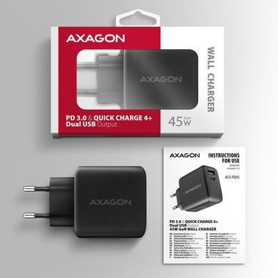 Мережевий зарядний пристрій AXAGON, QC3.0,4.0/AFC/FCP/PPS/Apple + PD type-C, 45W, Чорний (ACU-PQ45) [502998]