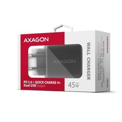 Мережевий зарядний пристрій AXAGON, QC3.0,4.0/AFC/FCP/PPS/Apple + PD type-C, 45W, Чорний (ACU-PQ45) [502998]