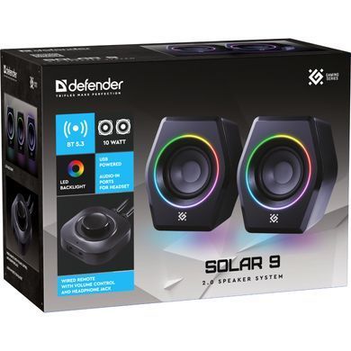 Акустична система 2.0 Defender Solar 9, 10Вт, Bluetooth, RGB підсвітка, USB, чорна (65939) [405265]