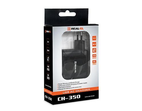 Мережевий зарядний пристрій REAL-EL CH-350 QC3.0 (2USB, 3A) Black (EL123160017) [603162]