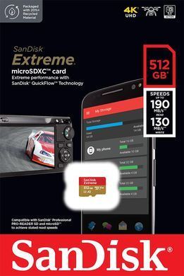 Карта пам'яті SanDisk microSD 512GB C10 UHS-I U3 R190/W130MB/s Extreme V30 (SDSQXAV-512G-GN6MN) [110036]