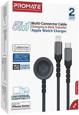 Кабель Promate USB Type-C - USB Type-C (M/M) Lightning 27W 60W Apple MagSafe 1 2.5W, 4A, 1.5 м, Black (icharge-trio.black) [604428]