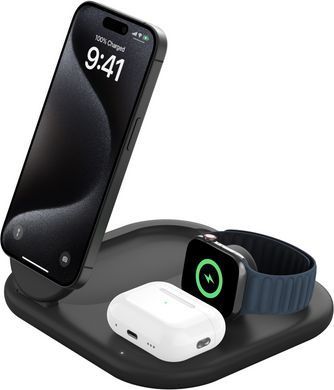 Зарядний пристрій бездротовий Belkin 3в1 Magnetic Foldable iPhone/Watch/AirPods, Qi2 15Вт, чорний (WIZ029VFBK) [108403]