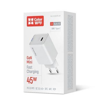 Мережевий зарядний пристрій ColorWay GaN Mini 45W PD Port PPS USB-C White (CW-CHS057PD-WT) [603373]