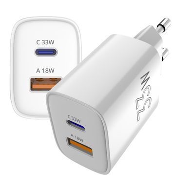Мережевий зарядний пристрій Sigma mobile X-power 33W GaN, PD, QC (1xUSB-C + 1xUSB-A) White (PS33-01) [619656]