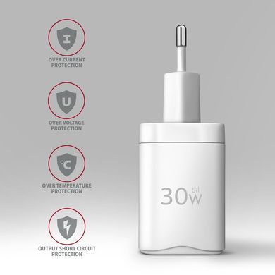 Мережевий зарядний пристрій AXAGON, QC3.0,4.0/AFC/FCP/PPS/Apple + PD type-C, 30W, Білий (ACU-PQ30W) [502999]