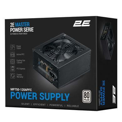 Блок живлення 2E Master Power (750W), >80%, 80+ White, 120мм, 1xMB 24pin(20+4), 1xCPU 8pin(4+4), 3xMolex, 5xSATA, 4xPCIe 8pin(6+2) (2E-MP750-120APFC) [109514]