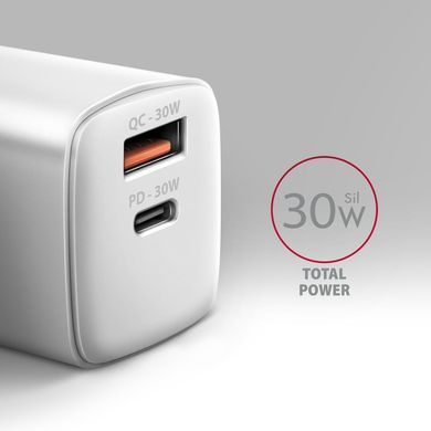 Мережевий зарядний пристрій AXAGON, QC3.0,4.0/AFC/FCP/PPS/Apple + PD type-C, 30W, Білий (ACU-PQ30W) [502999]