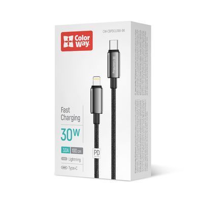 Кабель ColorWay USB Type-C - Lightning (M/M), zinc alloy braided, 3А, 1 м, Black (CW-CBPDCL098-BK) [619968]