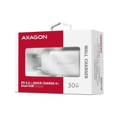 Мережевий зарядний пристрій AXAGON, QC3.0,4.0/AFC/FCP/PPS/Apple + PD type-C, 30W, Білий (ACU-PQ30W) [502999]