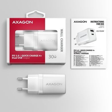 Мережевий зарядний пристрій AXAGON, QC3.0,4.0/AFC/FCP/PPS/Apple + PD type-C, 30W, Білий (ACU-PQ30W) [502999]