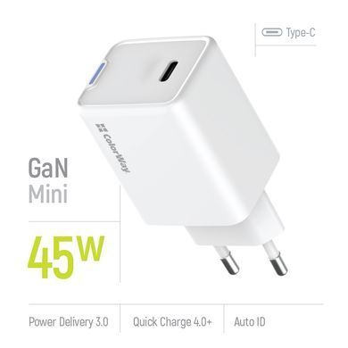 Мережевий зарядний пристрій ColorWay GaN Mini 45W PD Port PPS USB-C White (CW-CHS057PD-WT) [603373]