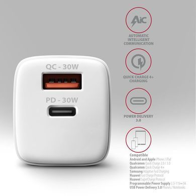 Мережевий зарядний пристрій AXAGON, QC3.0,4.0/AFC/FCP/PPS/Apple + PD type-C, 30W, Білий (ACU-PQ30W) [502999]