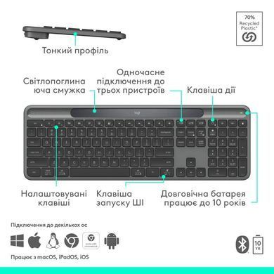 Клавіатура бездротова LOGITECH Slim Solar+ for Business - GRAPHITE - US INT'L - 2.4GHZ/BT - INTNL-973 - UNIV (920-013779) [503924]
