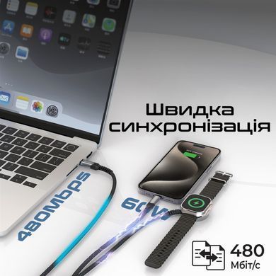 Кабель Promate USB Type-C - USB Type-C (M/M) Lightning 27W 60W Apple MagSafe 1 2.5W, 4A, 1.5 м, Black (icharge-trio.black) [604428]