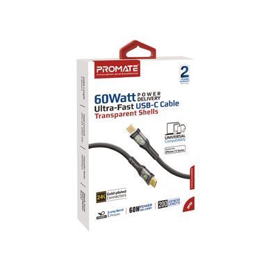 Кабель Promate TransLine-CC200 USB Type-C - USB Type-C (M/M), 3 A, 60 W, 2 м, Black (transline-cc200.black) [604307]