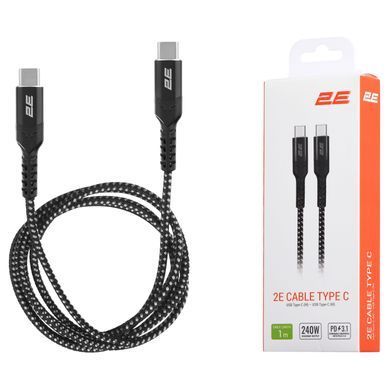 Кабель USB-C > USB-C заряджання/синхронізації 2E 1м, 240Вт Type-C, плетений, чорний (2E-CCCCAL-WH) [108551]