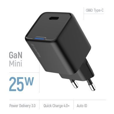 Мережевий зарядний пристрій ColorWay GaN Mini 25W PD Port PPS USB-C Black (CW-CHS052PD-BK) [603375]