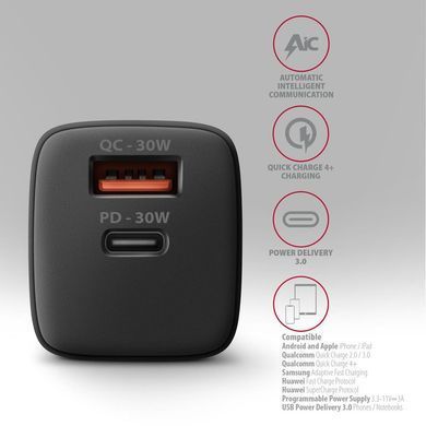 Мережевий зарядний пристрій AXAGON, QC3.0,4.0/AFC/FCP/PPS/Apple + PD type-C, 30W, Чорний (ACU-PQ30) [503000]