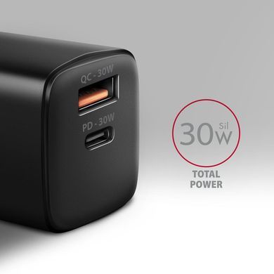 Мережевий зарядний пристрій AXAGON, QC3.0,4.0/AFC/FCP/PPS/Apple + PD type-C, 30W, Чорний (ACU-PQ30) [503000]