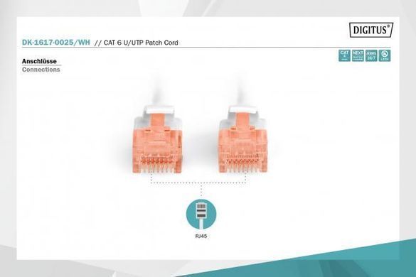 Патч-корд DIGITUS CAT 6 UTP, 0.25м, AWG 26/7, Cu, LSZH, сірий (DK-1617-0025) [109722]