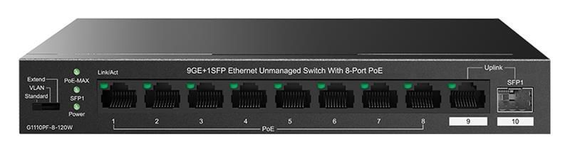 Комутатор TENDA 8xGE PoE, 1xGE, 1xSFP, Некерований (TEG1110PF-8-120W) [114449]