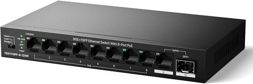 Комутатор TENDA 8xGE PoE, 1xGE, 1xSFP, Некерований (TEG1110PF-8-120W) [114449]