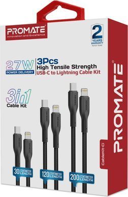 Комплект кабелів Promate USB Type-C - Lightning (M/M), 3A, 27W, 0.3 м, 1.2 м, 2 м Black (cablekit-ci) [604430]
