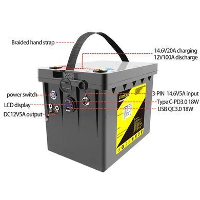 Акумуляторна батарея LiitoKala LiFePO4 DC-12V100Ah, LED, XLR 3PIN, DC5.5 * 2.1/2 5A, USB3.0/1 18W, P (DC-12V100Ah LiFePO4) [404118]