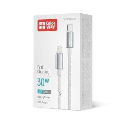 Кабель ColorWay USB Type-C - Lightning (M/M), zinc alloy braided, 3А, 2 м, White (CW-CBPDCL099-WT) [619970]