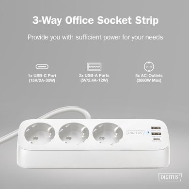 Блок розеток DIGITUS Office, 3xSchuko, 2xUSB-A, 1xUSB-C, 16A, 1.5м, вилка Schuko, білий (DA-70626) [112700]