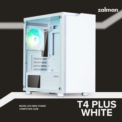 Корпус Zalman T4 Plus без БЖ, 2xUSB3.0, 1xUSB2.0, 1x120мм ARGB, VGA 3200мм, LCS ready, TG Side Panel, mATX, білий (T4PLUSWHITE) [109566]