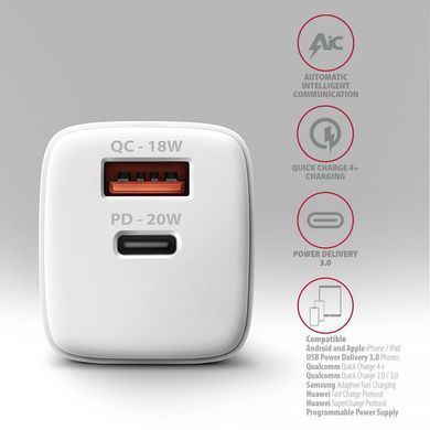 Мережевий зарядний пристрій AXAGON, QC3.0/AFC/FCP + PD type-C, 20W, Білий (ACU-PQ20W) [503001]