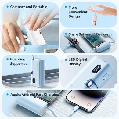 УМБ Vention 4800mAh 22,5W PD, USB-C In/Out, LED display, with built-in USB-C cable White (FHQW0) [404528]