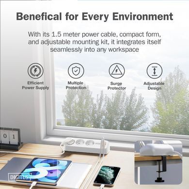 Блок розеток DIGITUS Office, 3xSchuko, 2xUSB-A, 1xUSB-C, 16A, 1.5м, вилка Schuko, білий (DA-70626) [112700]