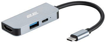 Хаб 2E USB-С > USB-A 3.0/USB-C PD/HDMI, 0.14м, сірий (2E-W2680) [114388]
