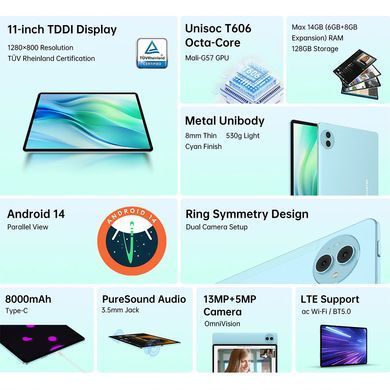 Планшет Teclast P50 11" HD /6GB/128GB/ T606 / 8000mAh/ LTE / 5+13MP/ Metal/ Blue (6940709686232) [400728]