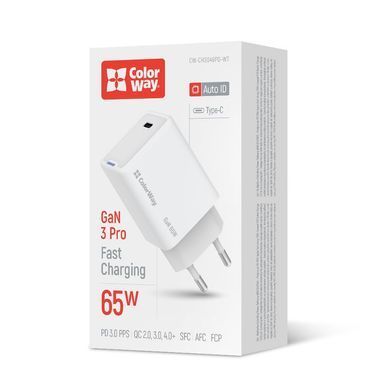Мережевий зарядний пристрій ColorWay GaN Mini 65W PD Port PPS USB-C White (CW-CHS049PD-WT) [603351]