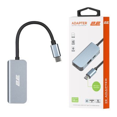 Хаб 2E USB-С > USB-A 3.0/USB-C PD/HDMI, 0.14м, сірий (2E-W2680) [114388]