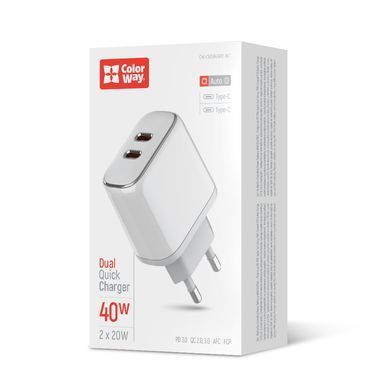 Мережевий зарядний пристрій ColorWay Power Delivery Port PPS USB (Type-C PD + Type-C PD) (40W) White (CW-CHS048PD-WT) [603352]