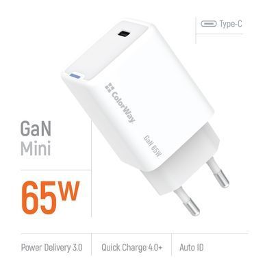 Мережевий зарядний пристрій ColorWay GaN Mini 65W PD Port PPS USB-C White (CW-CHS049PD-WT) [603351]