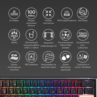 Клавіатура Ducky One 3 Mini Cherry MX Silent Red RGB UA USB Black (DKON2161ST-SUAPXCLAWSC1) [612542]