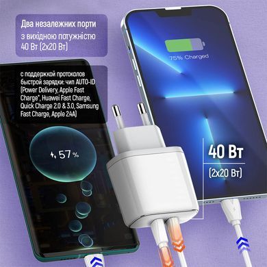 Мережевий зарядний пристрій ColorWay Power Delivery Port PPS USB (Type-C PD + Type-C PD) (40W) White (CW-CHS048PD-WT) [603352]
