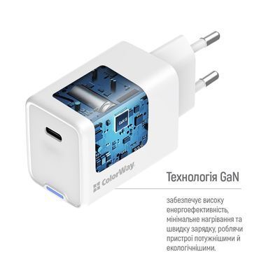 Мережевий зарядний пристрій ColorWay GaN Mini 65W PD Port PPS USB-C White (CW-CHS049PD-WT) [603351]