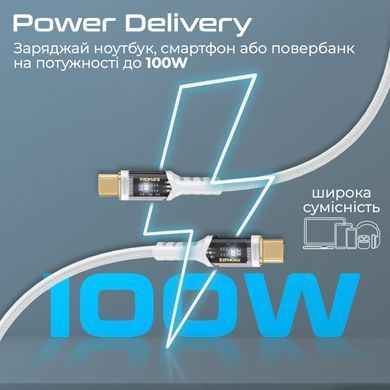 Кабель Promate Lucidline-CC120 USB Type-C - USB Type-C (M/M), 5 A, 100 W, 1.2 м, White (lucidline-cc120.white) [604306]