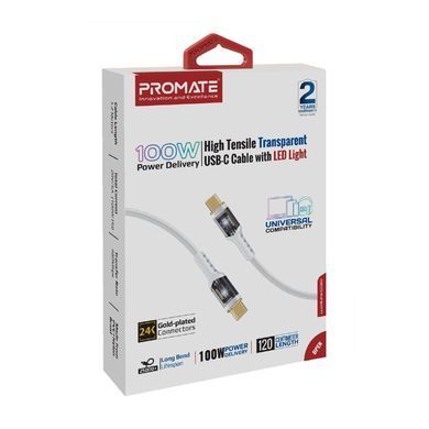 Кабель Promate Lucidline-CC120 USB Type-C - USB Type-C (M/M), 5 A, 100 W, 1.2 м, White (lucidline-cc120.white) [604306]