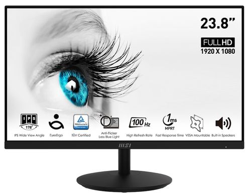 MSI Монітор 23.8" PRO MP242A D-Sub, HDMI, DP, MM, IPS, 100Hz, 4 ms, sRGB 100% (9S6-3PA1CT-076)