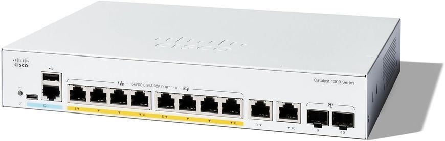 Комутатор Cisco Catalyst 1300 8xGE, PoE, Ext PS, 2x1G Combo (C1300-8P-E-2G) [105219]